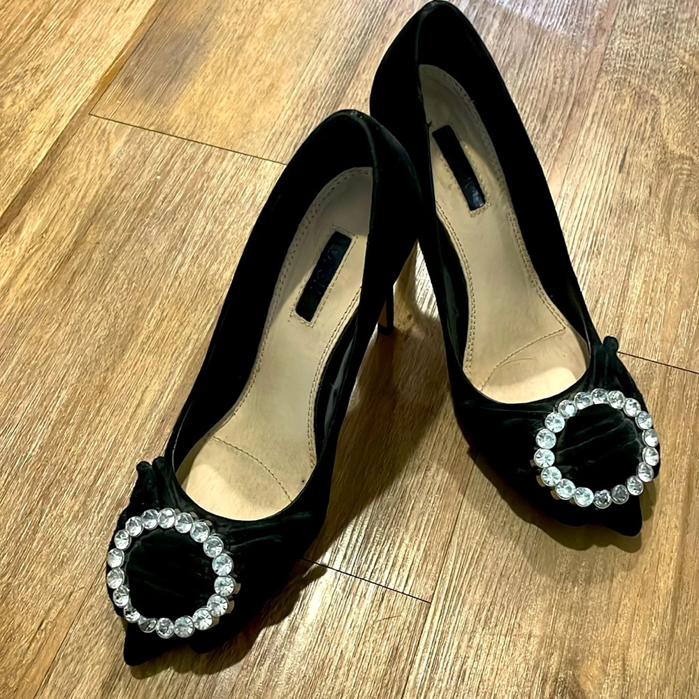 Top shop size 37 black velvet heels with rhinestone embellishments